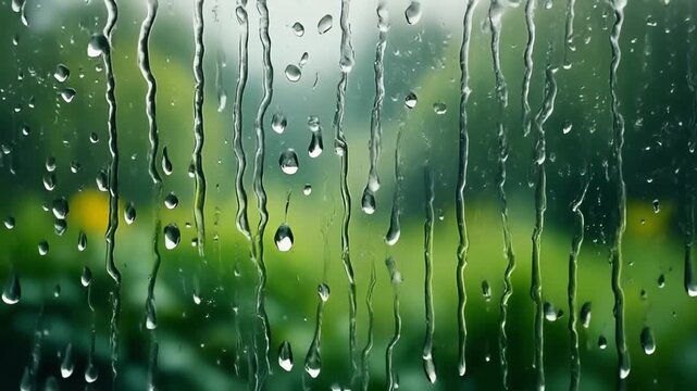 Close-Up of Raindrops Dripping Down a Glass Window with Blurred Green Nature Background