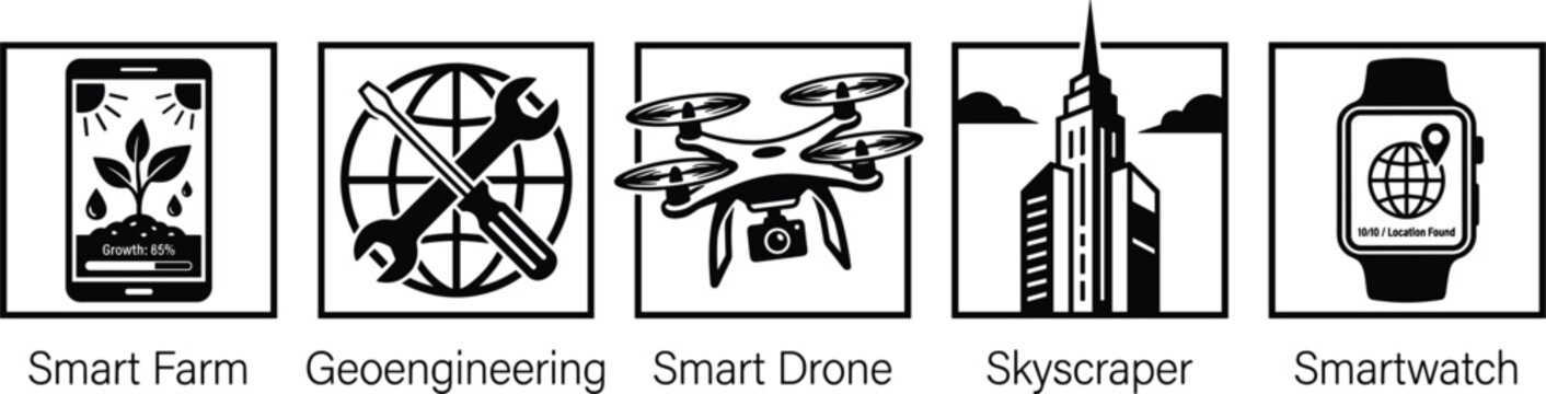 Future technology line icons set vector elements featuring smart farm geoengineering drone skyscraper and smartwatch graphics