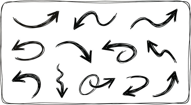 Hand drawn black scribble arrow vector collection featuring sketchy curved icons for business charts presentation decoration set