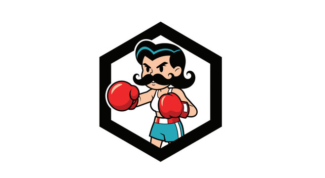 Cartoon Boxer Woman with Mustache and Boxing Gloves in Hexagon Frame