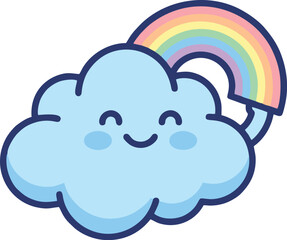 Fototapeta premium Cute happy cloud character holding a colorful rainbow with colorful meteorology character illustration cheerful friendly sunshine atmosphere whimsical childish isolated outdoors spectrum