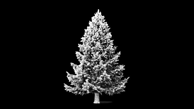 A standalone coniferous fir tree heavily coated in white snow and frost, isolated against a solid black backdrop. This striking visual element is designed for high-contrast winter, holiday, and Christ