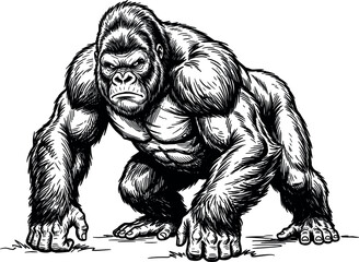 Powerful gorilla vector line art illustration of an angry silverback ape character standing isolated on white background for logo mascot design © MstBizly