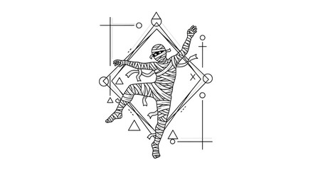 Obraz premium Dancing Mummy with Geometric Shapes, Halloween, Spooky, Mystical, Outline Art