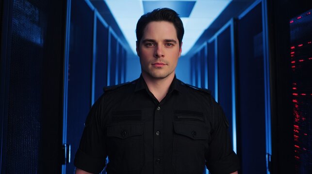 expert. A technical specialist in uniform standing confidently in front of a softly glowing server room. product launch decks, UI/UX mockups, designed for product launches and innovation pitches.