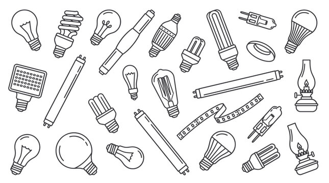Set of various light bulb and lamp line icons including LED, fluorescent, incandescent and vintage oil lamps, Symbolizing creative brainstorming and representing electrical lighting solutions