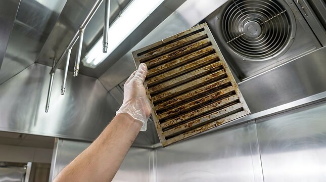 Person removing dirty grease filter from commercial kitchen range hood for deep cleaning procedure in professional establishment during daily maintenance routine and hygiene service tasks.