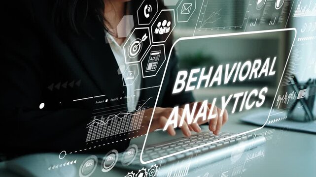 Business professional using advanced technology for behavioral analytics and data insights in modern office environment. Asymptotic smart data analytic.