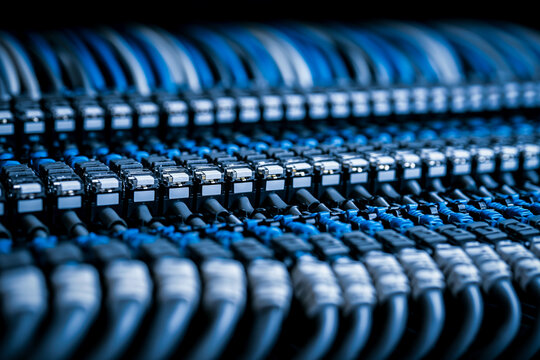 Dense Network Patch Panel with Blue and Gray Ethernet Cables Close-Up