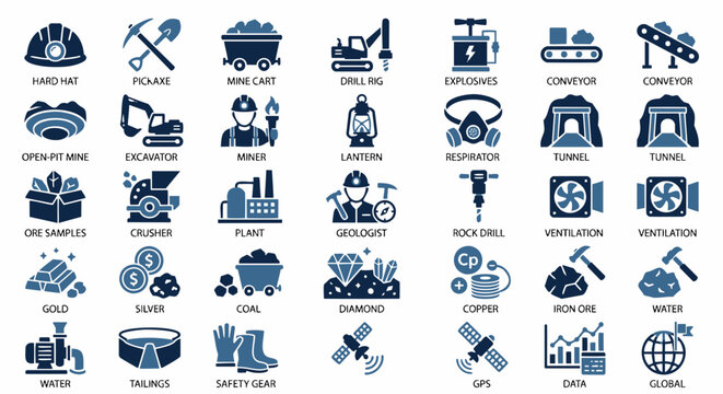 Mining industrial duotone icons set