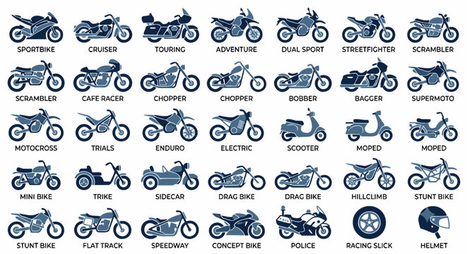 Motorcycle motorbike types icons set