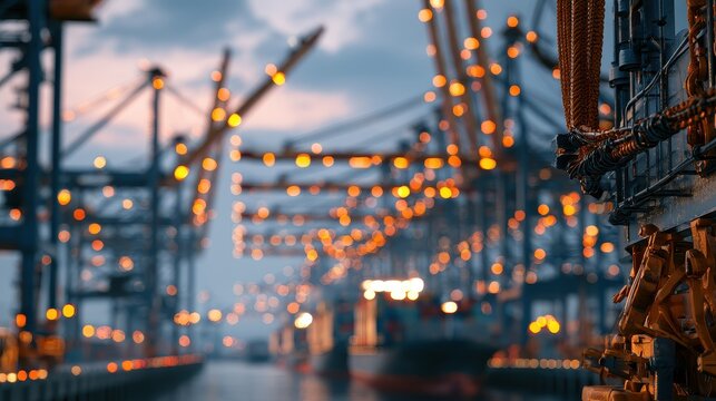 Port terminal container cranes maritime logistics global trade cargo operations supply chain efficiency focus on industrial infrastructure close up transportation industry theme realistic Fusion illum