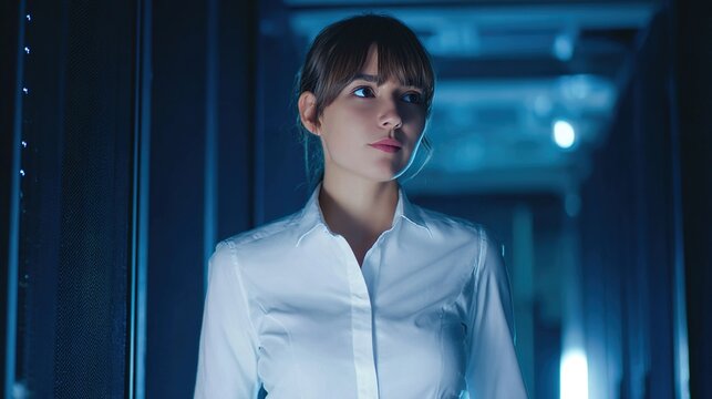 expert. A technical specialist in uniform standing confidently in front of a softly glowing server room. product launch decks, UI/UX mockups, designed for product launches and innovation pitches.