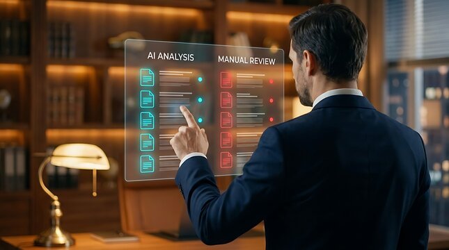 Businessman interacting with holographic futuristic interface comparing AI analysis with manual review of documents showing data comparison and efficiency.