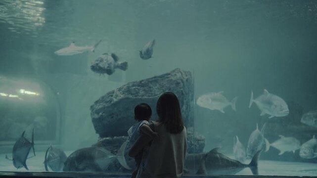 Asian mother holding her baby boy, watching big fish swimming in a giant aquarium tank.