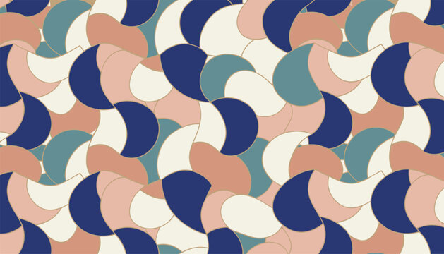 Seamless abstract geometric pattern with curved interlocking shapes in pastel pink, dark blue and cream colors.