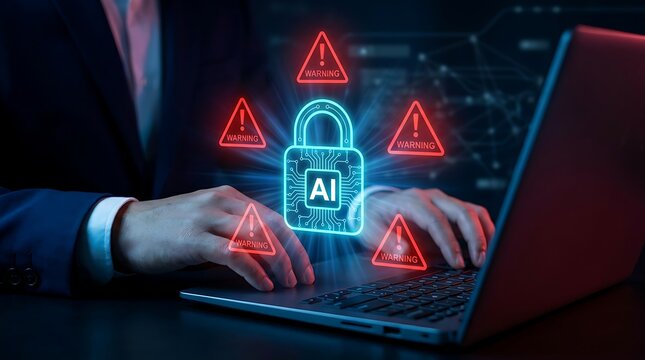 Cyber security concept artificial intelligence lock digital warning signs over laptop keyboard with person typing data protection and network threat alert information security ai analysis.
