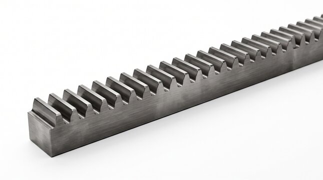 Industrial steel gear rack isolated on a white background with realistic metal texture and studio lighting. Ideal for engineering, automation, and mechanical transmission concepts.