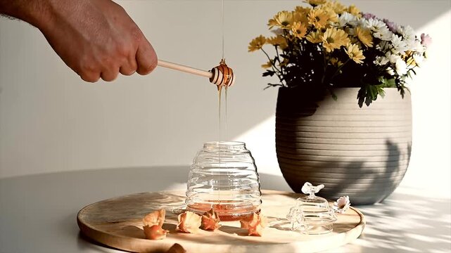 A hand pours honey from a wooden dipper into a glass beehive jar on a board next to potted chrysanthemums and physalis in bright light.