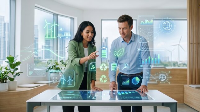 Business team analyzing renewable energy data on holographic interface, green technology strategy meeting, sustainable power solutions, wind and solar charts