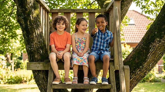 Three diverse happy children sitting together on wooden treehouse stairs in sunny backyard garden laughing and pointing outdoors enjoying summer vacation leisure activity and play.