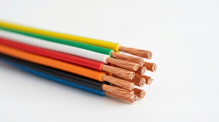 Obraz premium A close-up shot of multiple colored wires with exposed copper cores on a white surface