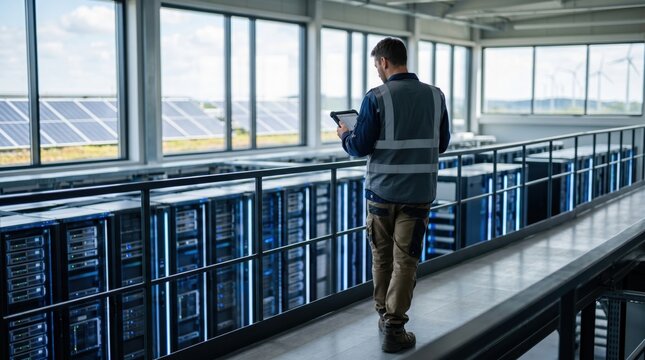 Engineer inspecting server racks in data center with solar panels and wind turbines visible through windows representing green energy and sustainable IT infrastructure.