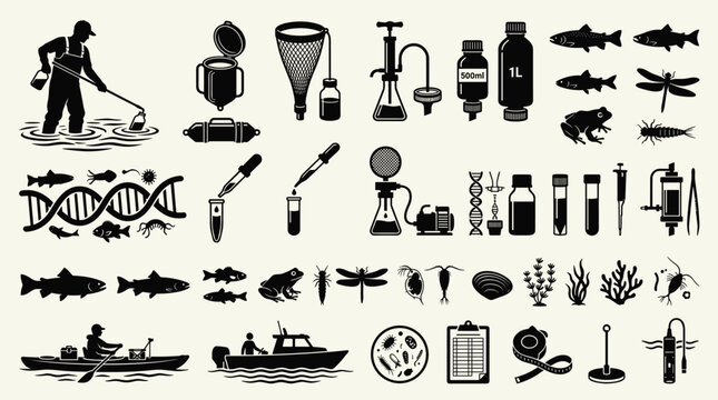 Environmental dna sampling and aquatic research icons set