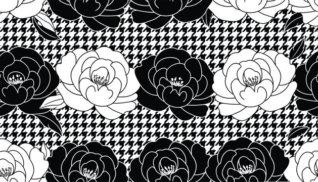 Dramatic seamless pattern featuring black and white camellia flowers over a classic houndstooth background.
