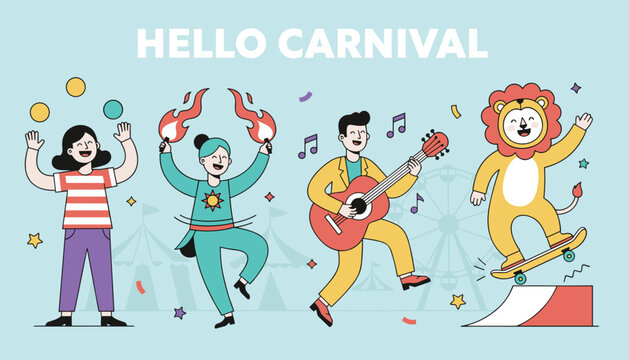 Hello Carnival banner with cheerful characters including a juggler, fire dancer, guitarist, and a lion on a skateboard.