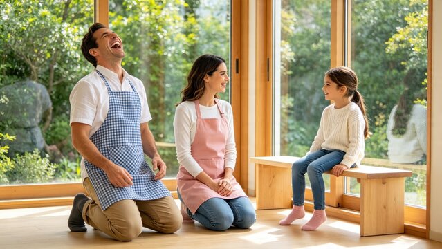 Happy family father mother and daughter wearing aprons laughing together in bright modern kitchen with large windows enjoying quality time and cooking lifestyle concept