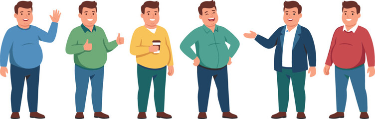 Fototapeta premium Plus Size Man Character Vector Set Showing Various Poses and Casual Outfits Including Waving, Thumbs Up, and Presenting for Lifestyle Corporate Illustrations