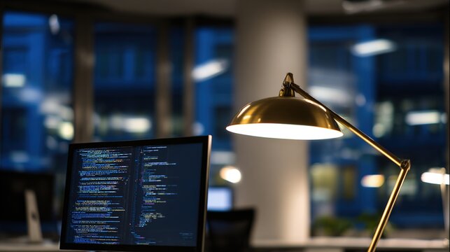 developer. Nighttime office with warm lamp glow, visualizing abstract coding concepts in a tech setting. product launch decks, UI/UX mockups, designed for product launches and innovation pitches.