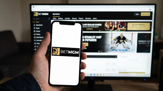 BetMGM online sportsbook and gambling app logo on a smartphone held against a computer screen