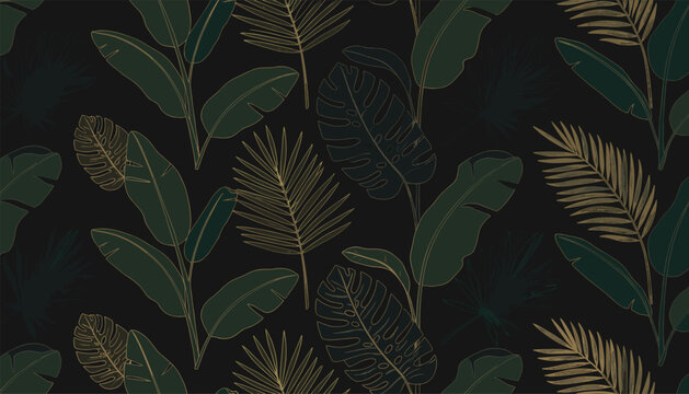 Luxury seamless tropical pattern featuring dark green and golden metallic monstera, banana, and palm leaves on a black background.