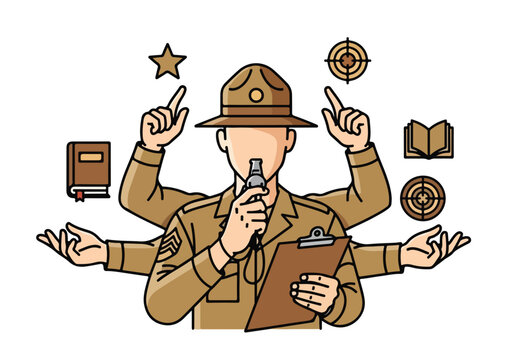 Military Sergeant Multitasking Leader. Flat Illustration. Training, Education Concept.