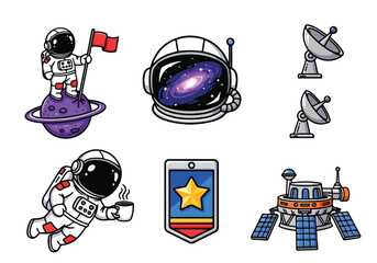 Space exploration elements. Astronaut, planet, satellite. Cartoon vector illustration. Clean graphics. Design resource. © khafid