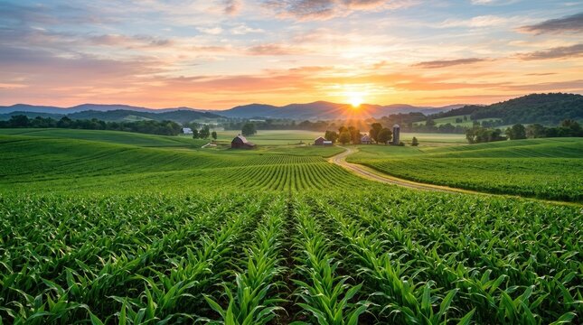 The image showcases a vibrant, expansive rural landscape at sunrise. A lush green field of corn dominates the foreground, stretching towards a winding dirt road.