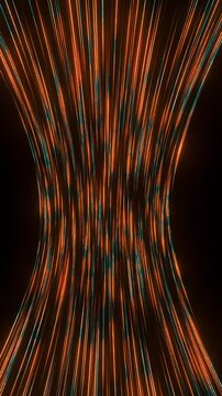 Vertical abstract neon light tunnel with flowing orange and blue lines. High speed cyber hyperdrive warp loopable background perfect for smartphone screen.