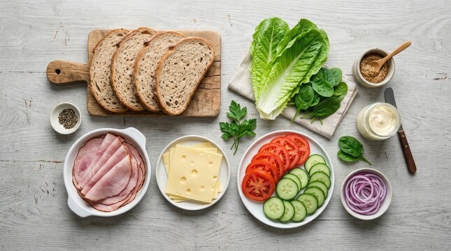 A wooden cutting board displays various sandwich ingredients. Slices of whole wheat bread rest on the board alongside lettuce, tomato slices, ham, cheese, pickles, and onion.