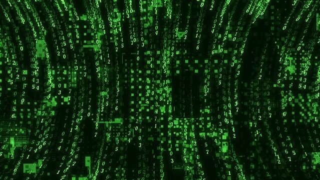 Cyber digital matrix raining green binary code concept background. Seamless loop of futuristic computer data screen display numbers animation.