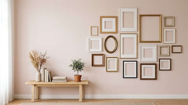 A light pink wall displays a collection of various picture frames arranged in a loose, asymmetrical pattern. The frames are different sizes and shapes, showcasing blank white interiors.