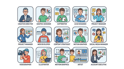 Fototapeta premium Set of Diverse Creative Agency Professional Character Icons in Flat Illustration Style