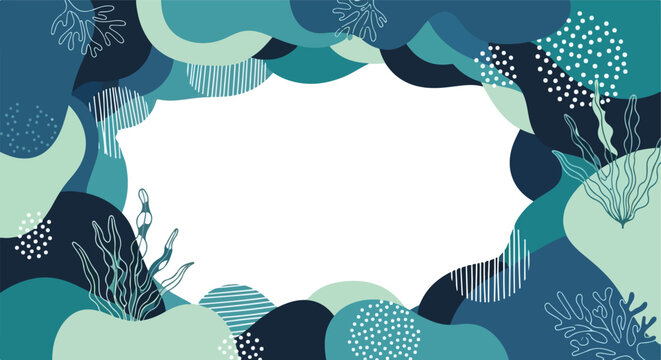 Abstract Organic Shapes Frame. Hand-drawn Coral Pattern. Teal Blue Border. Vector Background.