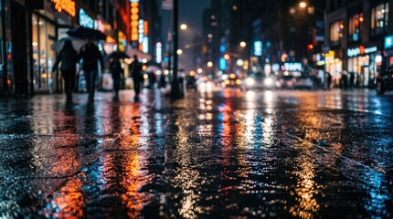 Fototapeta premium Rainy city street reflects vibrant neon lights and car headlights on wet pavement. Several pedestrians walk along the sidewalk under umbrellas.