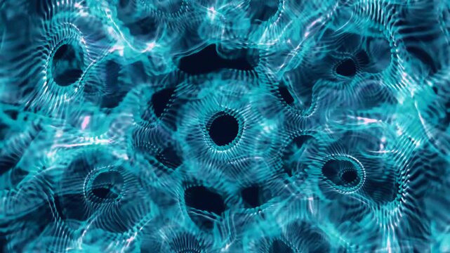 Abstract organic blue fluid mesh waving on dark background. Creative liquid pattern backdrop for technology, ocean coral texture, and science graphics.