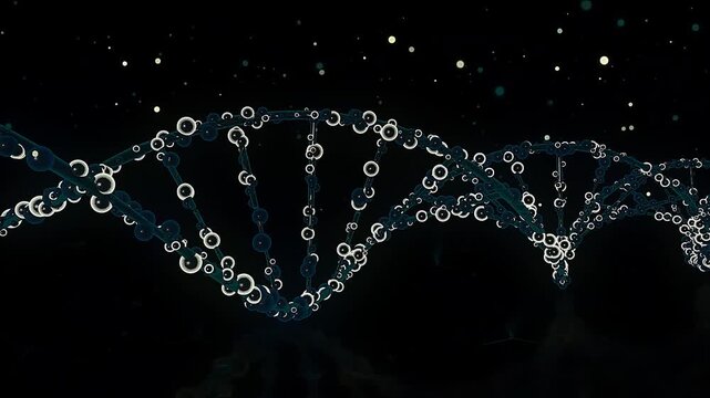 Abstract 3d DNA double helix strand formed by glowing bubble rings. Medical genetic engineering, biology research, and digital science loopable background.