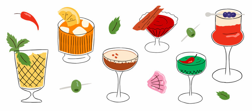 Cocktails and Summer Drinks Vector Set, Cute Hand Drawn Flat Illustration of Alcoholic Beverages, Martini, Margarita with Mint, Chili, Lemon, and Olive Garnish for Bar Menu Design