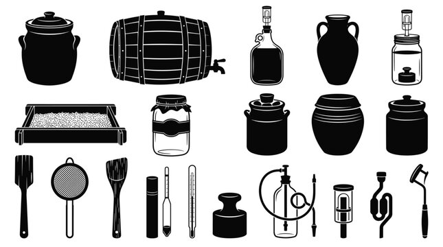 Set of fermentation and home brewing equipment icons