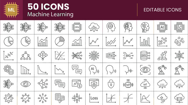 Machine learning line icons set for neural networks data modeling statistical analytics deep training and artificial intelligence algorithms